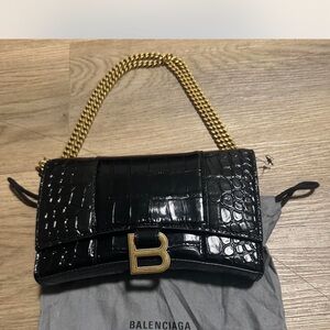 Balenciaga Black Croc-Embossed Clutch with Gold Chain